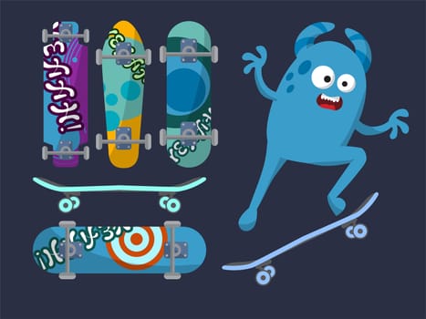 Set of bright skateboard on a dark background with a cheerful blue monster. illustration
