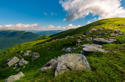 row of huge rocks on a grassy mountain. lovely summer scenery of Carpathian mountains. cloud approaching from behind the hill