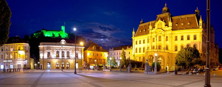 Ljubljana square and landmarks evening panoramic view, capital of Slovenia