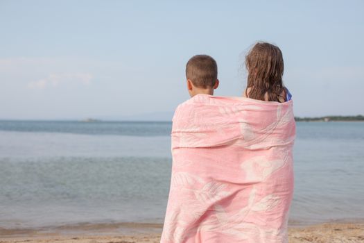 Two kids around six, back to the camera are gazing at sea, ocean or lake.