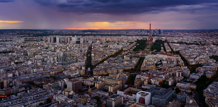 Panoramic view of Paris from above at sunset, France