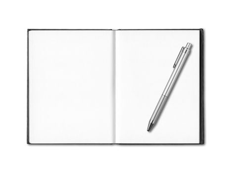 Blank open notebook and pen mockup isolated on white