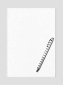 Blank White A4 paper sheet and pen mockup template isolated on grey background