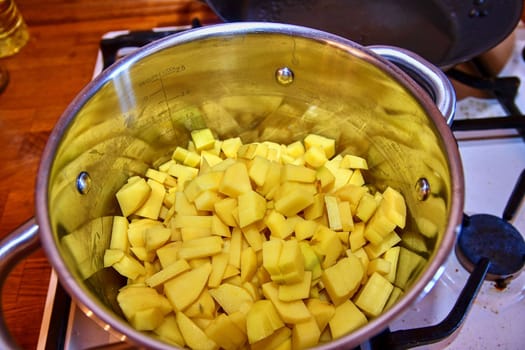 Cut potatoes in stainless cooking pot. Poatoes prepared to cook. 