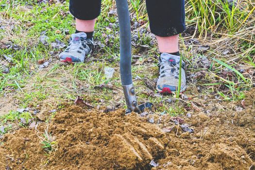 Woman digging soil with garden fork. Gardening and hobby concept. 