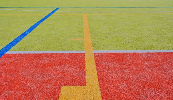 Color lines on playing field. Copy space. Sport texture and background. 