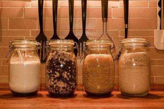 Kitchen jars for kitchen ingredients. Kitchen tools for cooking. 