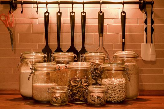Kitchen jars for kitchen ingredients. Kitchen tools for cooking. 