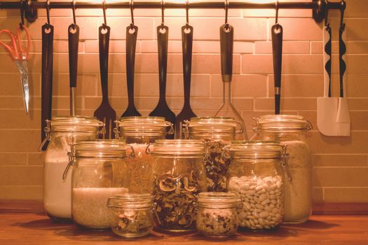 Kitchen jars for kitchen ingredients. Kitchen tools for cooking. Add soft filter. 