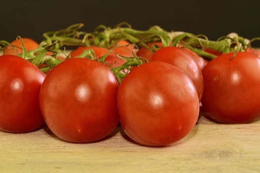 Fresh cherry tomatoes on rustic wooden background. White and black background. Copy space for text. 