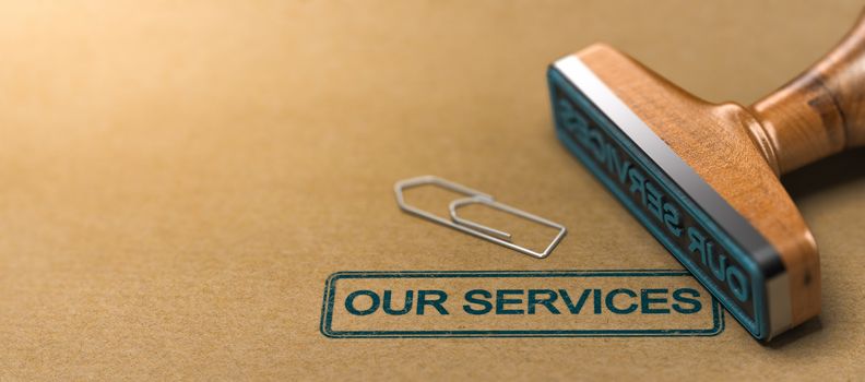 Rubber stamp with the text our services over brown paper background. 3D illustration