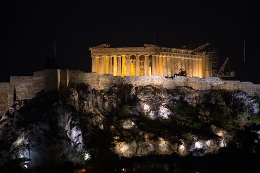 The Acropolis and Parthenon at night in Athens, Greece