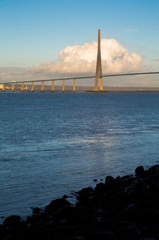 The bridge Pont de Normandie crosses the Seine river near Le Havre