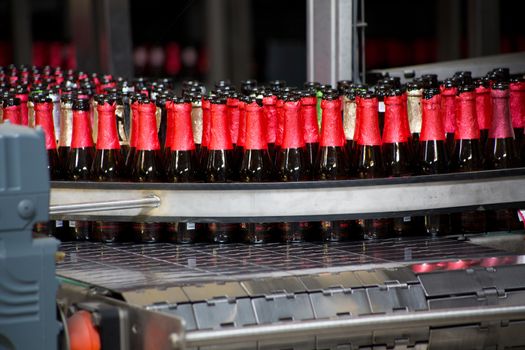 A group of empty beer bottles in a brewery