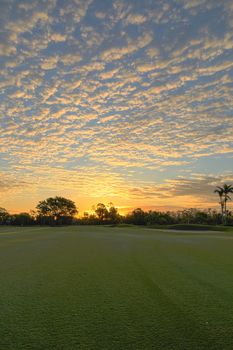 Freshly mowed green grass at dawn on a tropical golf course with a colorful sunrise sky.