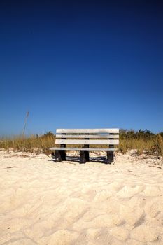 Wood bench on the white sand beach of Delnor-Wiggins Pass State Park with a blue sky above in Naples, Florida.