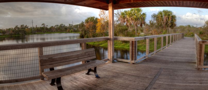 Wooden bench on a secluded, tranquil boardwalk along a marsh pond in Freedom Park in Naples, Florida