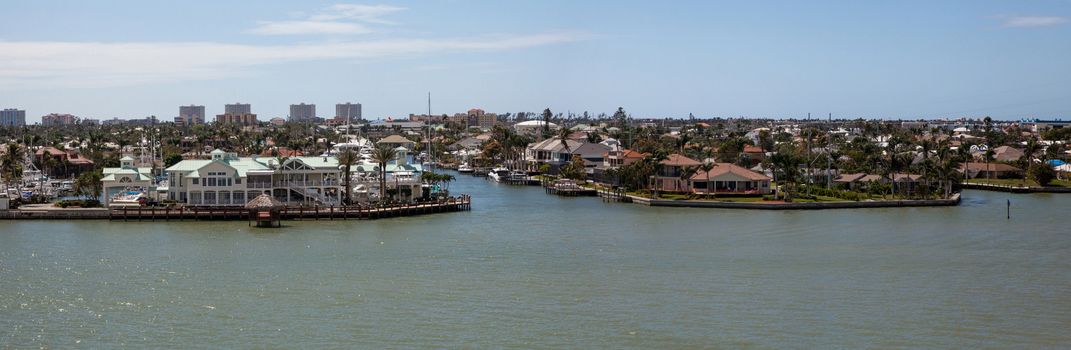 Panoramic view headed onto Marco Island, Florida from Collier Boulevard 951 with the bay ocean view.