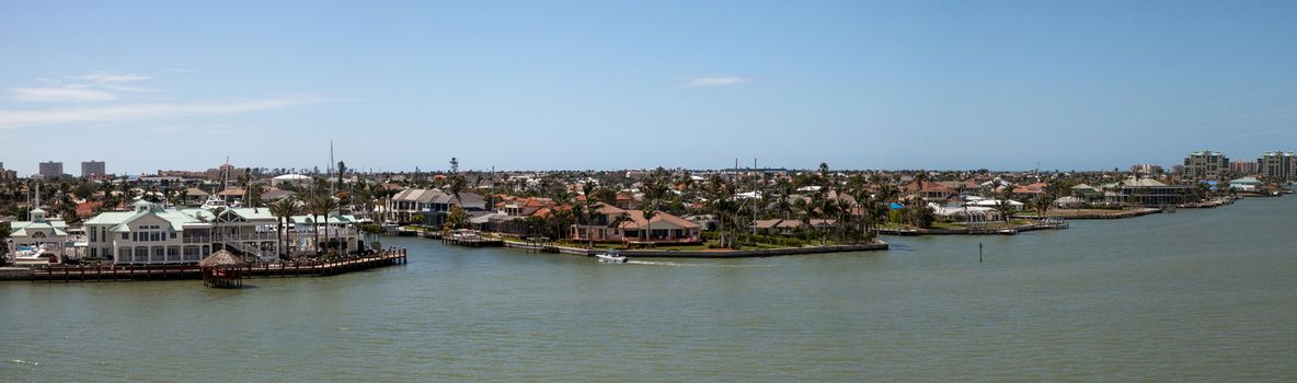 Panoramic view headed onto Marco Island, Florida from Collier Boulevard 951 with the bay ocean view.