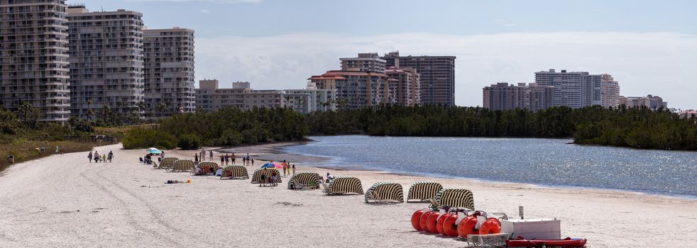 Tigertail Beach in Marco Island, Florida in winter with the city skyline in the background