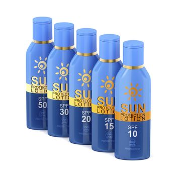 Row with sunscreen lotions with different SPF numbers on white background