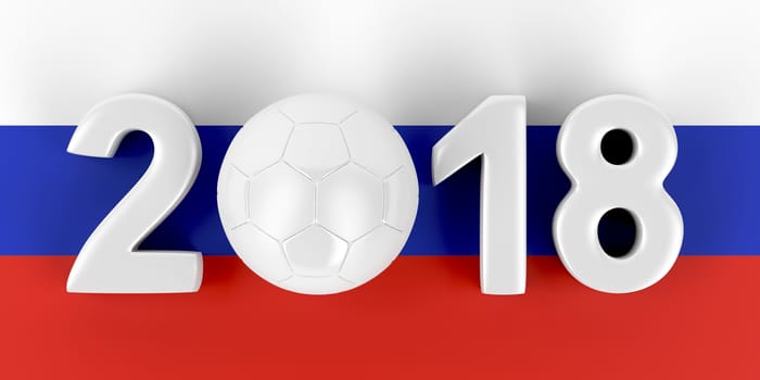 Year 2018 with football ball and Russian flag on behind 