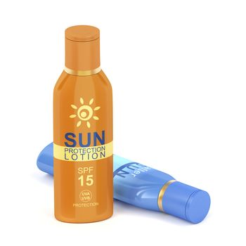 Sunscreen and after sun lotions on white background, 3D illustration