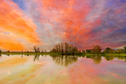 Colorful sunset over Sauvie Island farmland in Portland Oregon