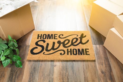 Home Sweet Home Welcome Mat, Moving Boxes and Plant on Hard Wood Floors.