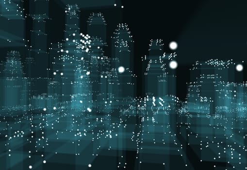 Abstract 3d city with dots and blue buildings. Technology and connection concept. 3d illustration on black background