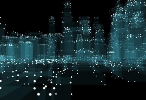 Abstract 3d city with dots and blue buildings. Technology and connection concept. 3d illustration on black background