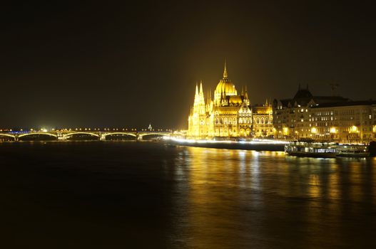 The building of the Hungarian Parliament and Margaret bridge in Budapest, Hungary