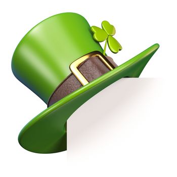 Green St. Patrick's Day hat with clover Paper corner 3D render illustration isolated on white background