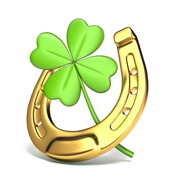 Lucky symbols horse-shoe and four-leaf clover Side view 3D render illustration isolated on white background