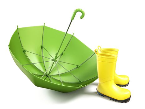 Pair of yellow rain boots and a green umbrella 3D render illustration isolated on white background