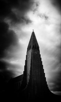 Dramatic Evening Image Of Hallgrimskirkja Cathedral in Reykjavik, Iceland, A Lutheran Parish Church
