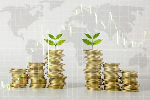 Double exposure with growing stock market index graph. Financial stock market in accounting market economy analysis.