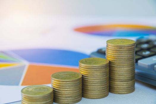 Stock financial indices with stack coin. Financial stock market in accounting market economy analysis.