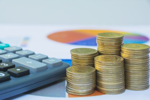 Stock financial indices with stack coin. Financial stock market in accounting market economy analysis.