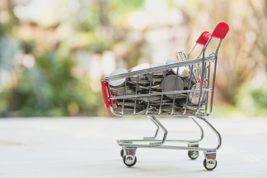 Coins in shopping cart. Concept finance, business and shopping investment.