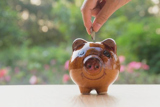 Hand of man holding coin and drop into the piggy bank. Financial stock market in accounting market economy analysis.