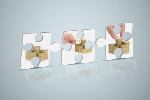Jigsaw, hand of person with stack coins isolated on white background. Financial analyzing concept.