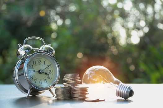 Energy saving light bulb and tree growing on stacks of coins on nature background. Saving, accounting and financial concept.
