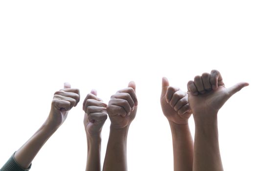 Hand of people arm raising up showing power strong with sky background.