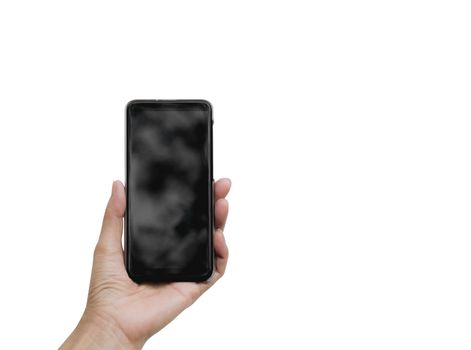 Hand holding smart phone isolated on white background. Technology and communication concept.