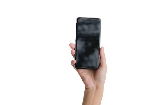 Hand holding smart phone isolated on white background. Technology and communication concept.