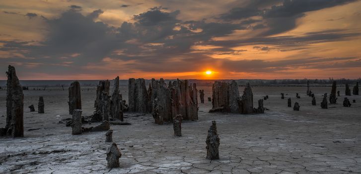 Sunset on the salty estuary Kuyalnik,  dead lake near Odessa, Ukraine