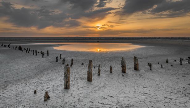 Sunset on the salty estuary Kuyalnik,  dead lake near Odessa, Ukraine