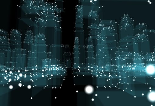 Abstract 3d city with dots and blue buildings. Technology and connection concept. 3d illustration on black background