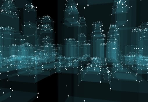 Abstract 3d city with dots and blue buildings. Technology and connection concept. 3d illustration on black background